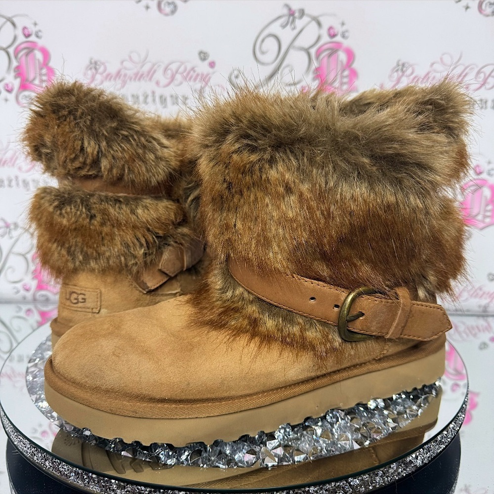 UGG CLASSIC BUCKLE MINI CHESTNUT FAUX FUR SHEARLING BOOT USA 10 rare brown furry